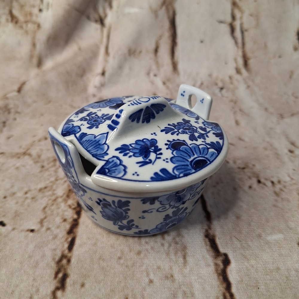 Delft Blue Hand Painted Ceramic Lidded Sugar Bowl Jam Pot Floral Made in Holland